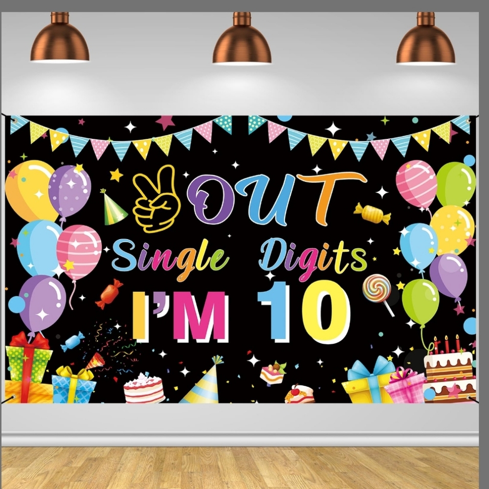 10 Year Birthday Banner- Peace Out Single Digits With Matching Gift Bag And Card